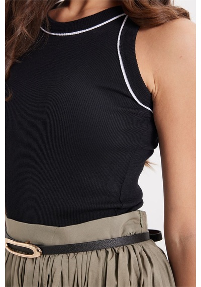 Tudors Kadın Slim Fit Dar Kesim Pamuklu Askılı Bisiklet Yaka Biyeli Siyah Crop Atlet-50980
