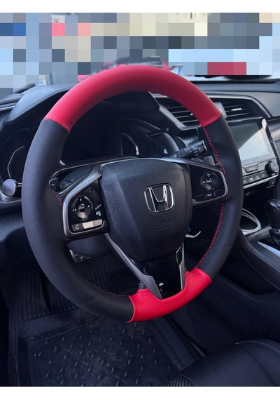 Dikişli Direksiyon Kılıfı Kırmızı / Siyah Deri Kırmızı Dikişli Honda Civic 2017-2025 Arası İçin Siyah