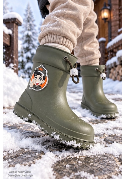 Muggo Kitty İçi Kürklü Lastikli Unisex Çocuk Günlük Yağmur Ve Kar Çizmesi Haki