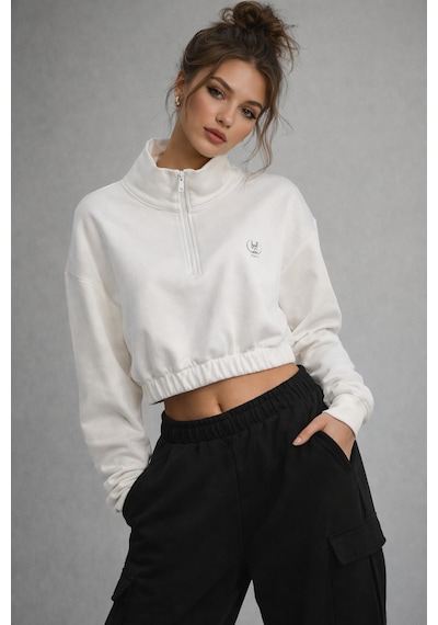 Kadın Ekru Crop Sweatshirt Scuba Kumaşı Beyaz