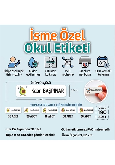Kapbirhediye Okul Etiketi Isme Özel Kalem Defter Etiketi Avakado Temalı 190 Adet Çok Renkli