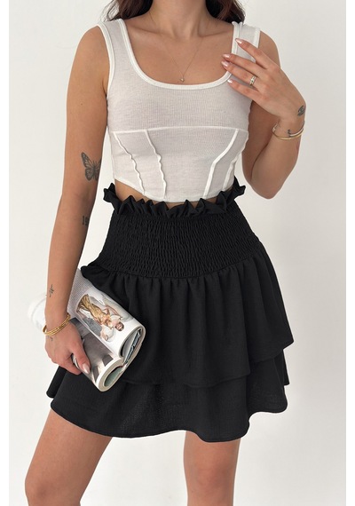 Kadın Katlı Smock Bel Mini Short Etek Summer Layers Siyah