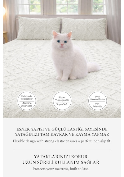 Süper Yumuşak Jakar Kadifemsi Peluş Lastikli Fitted Çarşaf Seti Kaymaz Tek/çift Kişilik Krem Kırık Beyaz