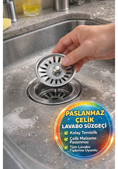 Paslanmaz Çelik Lavabo Süzgeci 8 Cm Gider Tıpası Mutfak Banyo Koku Önleyici Filtre