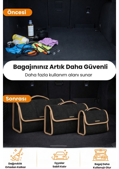 Oto Bagaj Organizer Bagaj Çantası 3'lü Kombo Kaymaz Cırt Bantlı Velur Kompakt - Siyah Bej