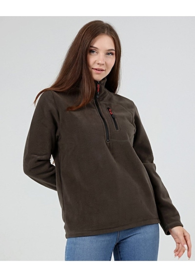 Genius Store Kadın Polar Yarım Fermuarlı Outdoor Cepli Spor Polar Haki