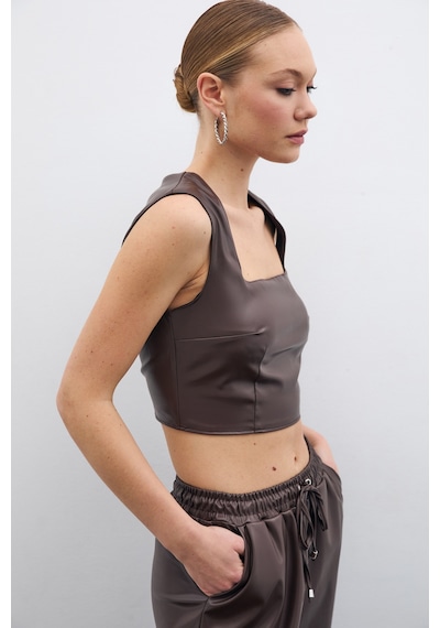 Sateen Kare Yaka Deri Crop Bluz - Koyu Kahve