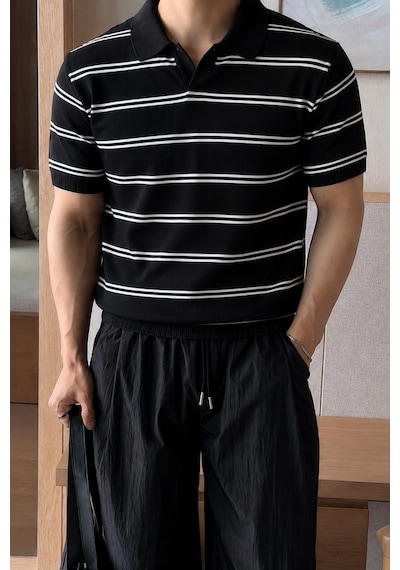 Tarz Cool Erkek Çizgili Polo Yaka Viskon Triko Tişört Slim Fit Yazlık Şık Triko Polo Siyah