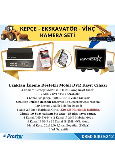 Ekskavatör Dozer Greyder Vinç Kepçe Uzaktan İzlemeli 4 Kameralı