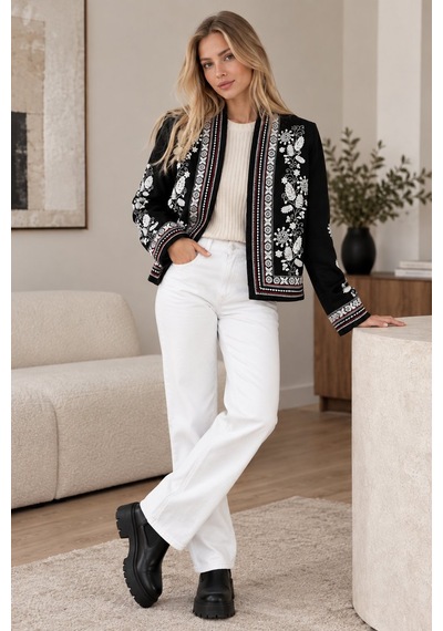 Lima Siyah Kadın Siyah Beyaz Çiçek Nakışlı Ceket Etnik Desenli İşlemeli Şık Blazer Ceket
