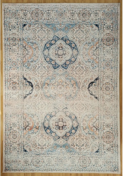 Eskitme Madalyon Desenli Krem Ve Mavi Vintage Salon Halısı - 11643ou Krem - Mavi