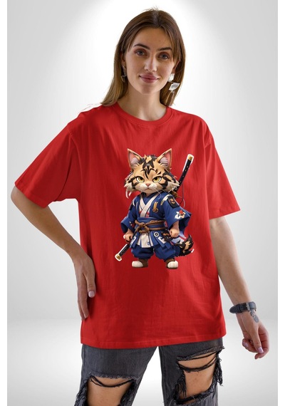 Japon Samuray Kılınç Pamuklu Bisiklet Yaka Unisex Oversize Boyfriend Dijital Baskılı Kırmızı T-shirt Kırmızı
