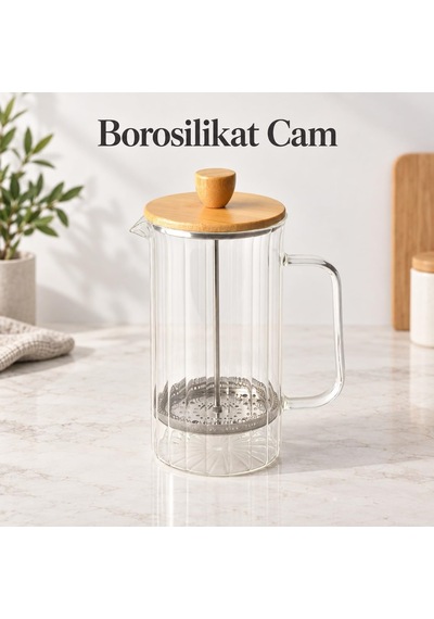 Bambu Kapaklı French Press, 1000 Ml Borosilikat Cam Filtre Kahve Ve Bitki Çayı Demliği, Cam Kulplu, Manuel Pres Filt Diğer