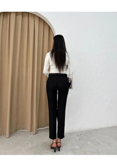 İs Berceste Siyah Kemerli Dabıl Kumaş Havuç Pantalon Siyah