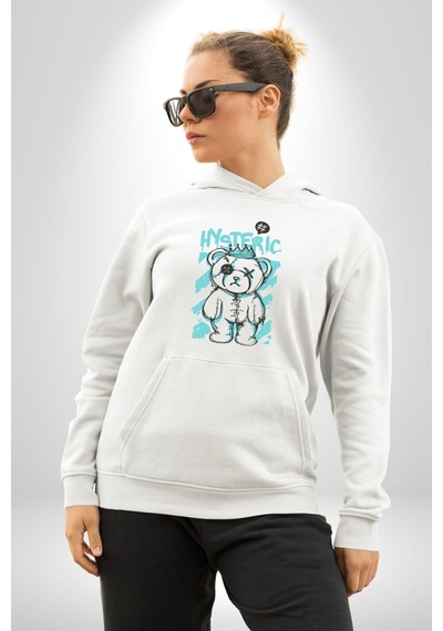 Histerik Kadın Erkek Beyaz Kapüşonlu Sweatshirt Hoodie Beyaz