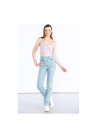 Açık Mavi Yüksek Bel Paça Kesik Detaylı Mom Jeans-açık Mavi Açık Mavi