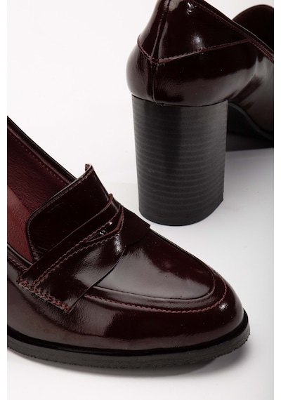 Analin Shoes Kadın Hakiki Deri Saraçlı Klasik Topuklu Ayakkabı Bordo Rugan