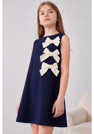 Fesshera Kids Kız Çocuk %100 Pamuk Double Crep Elbise Fiyonk Detaylı Sıfır Kollu Düğme Kapamalı Özel Gün Elbisesi Lacivert