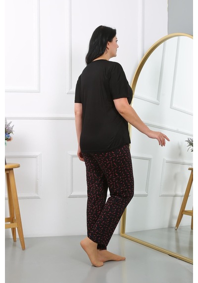 Akbeniz Kadın Büyük Beden Kısa Kol Penye Pijama Takımı Siyah 202406-siyah Siyah