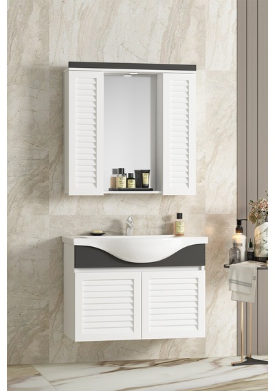 Lilyum 80 Cm Beyaz-antrasit Gri Mdf Panjurlu Banyo Dolabı Takımı Beyaz - Antrasit