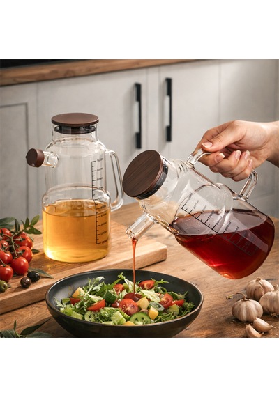 Porsima Lm-0107 Evora Kapaklı Borosilikat Cam 2li Yağlık Sirkelik Yağdanlık Seti 1000ml Şeffaf
