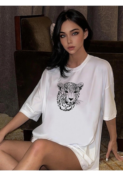 Startmore Kadın Beyaz Leopar Figür Baskılı Oversize T-shirt Beyaz