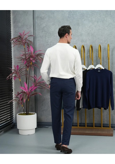 Modefendi Slim Fit Kalıp Pamuk Likra Sade Bisiklet Yaka Triko Kazak Beyaz
