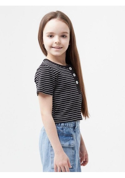 Zekids Kız Çocuk Lc Aplikeli Çizgili Crop T-shirt-13940 Siyah