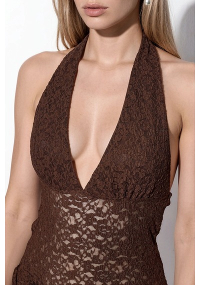 Hiccup Busem Kadın Payetli Halter Crop Bluz Kahve Kahvesi