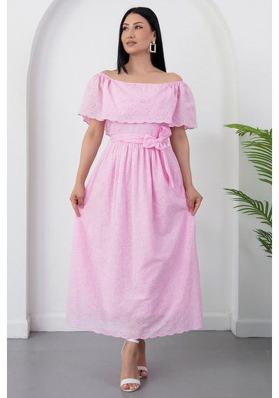 Kalopya Madonna Yaka Kemerli Brode Elbise 2026-4643 Pembe