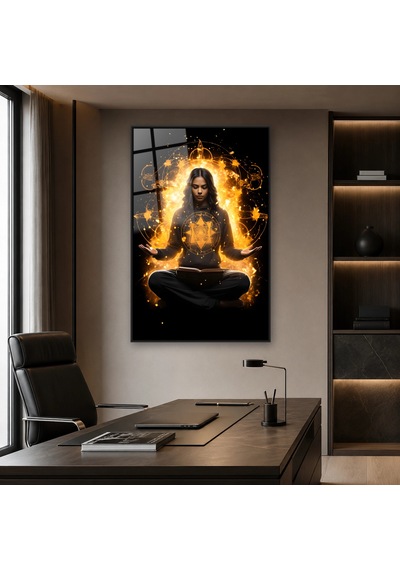 Altın Işıkta Meditasyon Yapan Kadın Siyah Çerçeveli Cam Tablo