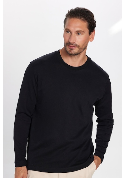 Tudors Unisex Relax Fit Rahat Kesim %100 Pamuk Uzun Kollu Bisiklet Yaka Siyah Basic Tişört-32654 Siyah
