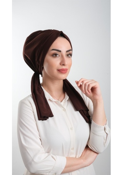 Hürrem Bone Kahverengi Pratik Hazır Geçmeli Tesettür Bone Kesik Elyaf Sade 21 Kahverengi