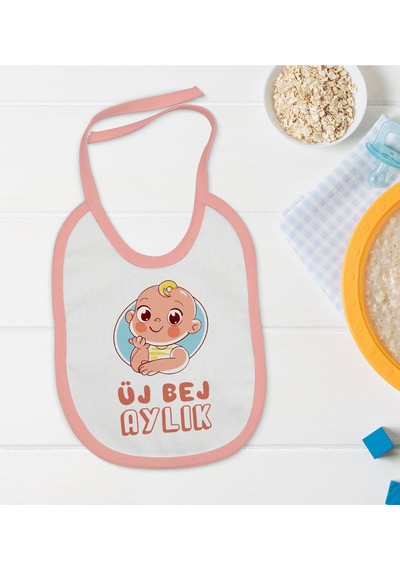 BK Kids Üj Bej Aylık Tasarımlı Pembe Bebek Mama Önlüğü-1 Bej