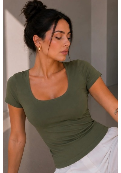 Bb Butik Basic Soft Touch Kare Yaka Body Tulum Astarlı Md3535 Haki