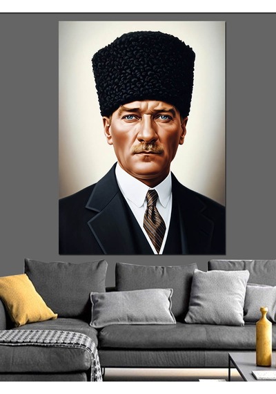 Siyah Arkaplan Atatürk Portresi Dekoratif Kanvas - Mdf Ahşap Tablo