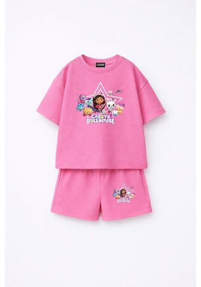 Fasardi Gabby's Dollhouse / Gabby'nin Hayal Evi Baskılı Oversize %100 Pamuk Tişört Şort 2li Çocuk Takım Pembe