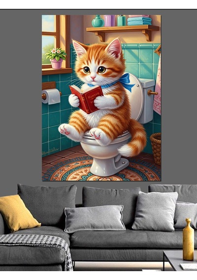 Ahşap Tablo Tuvalette Kitap Okuyan Kedi
