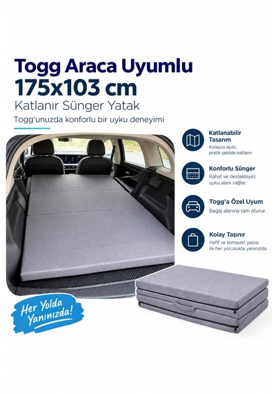 Togg İle Uyumlu Araç İçi Sünger Yatak Katlanır Fermuarlı Yıkanabilir. 175x103x5 Cm Gri Renk
