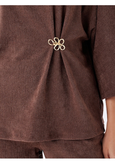 Faik Sönmez Beli Broş Detaylı 3/4 Kol Örme Tunik W27tnk012 Uw27tnk01230 Kahverengi