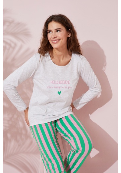 Siyah İnci Pamuklu Örme Pijama Takım 24240140 Bej Melanj