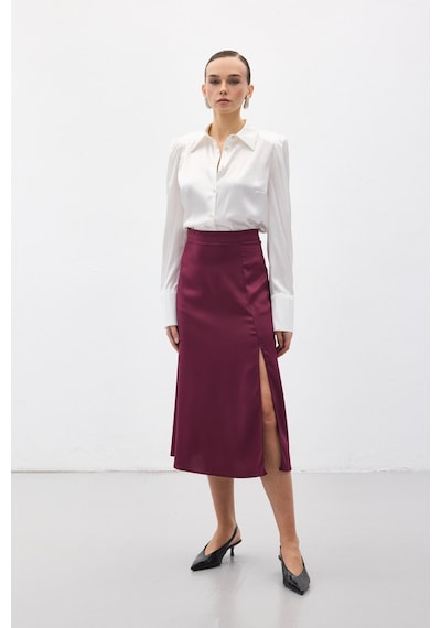 Sateen Yırtmaçlı Saten Etek - Mürdüm-136724 Mürdüm