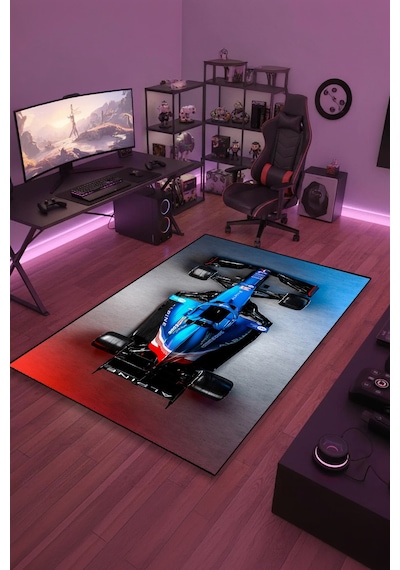 Formula 1 Mavi Yarış Arabası Halı Kaymaz Taban Yıkanabilir Çocuk Odası Halısı F1.3