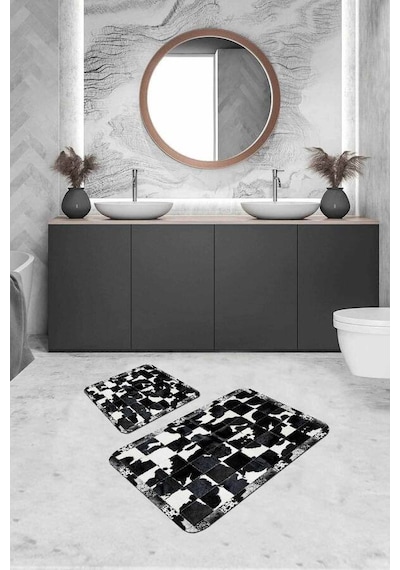 Siyah Deri Görünümlü Banyo Halısı Klozet Paspas Seti Bs329n11