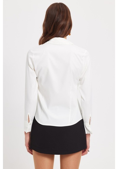 Tudors Kadın Slim Fit Dar Kesim Klasik Yaka Uzun Kollu Ekru Gömlek-40357 Ekru