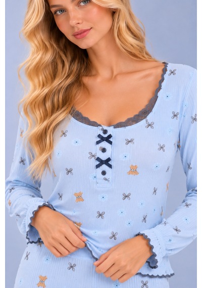 Pijamask Kadın Desenli Dantel Detaylı Fiyonk Ve Düğmeli Uzun Kollu Pijama Takımı Mavi-21