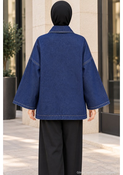 Polo State Oversize Cep Detaylı Tesettür Denim Ceket Lacivert