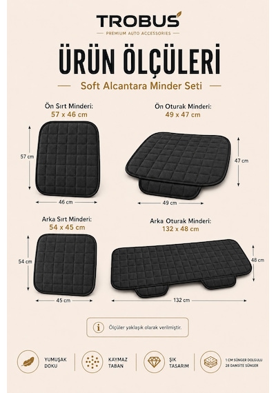 Opel Astra 2000-2004 Üniversal Soft Alkantra Kare Desen 7 Parça Oto Koltuk Minderi Siyah