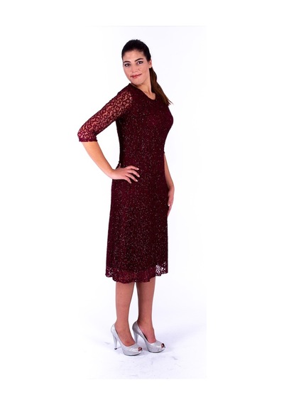 Nidya Moda Büyük Beden Kadın Bordo Dantel Abiye Elbise-4036Yb Bordo