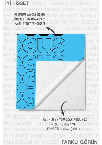 Motivasyon Focus Yazılı Modern Plaj Havlusu - Mavi Tipografik Minimalist Hızlı Kuruyan Havlu Örtü Çok Renkli